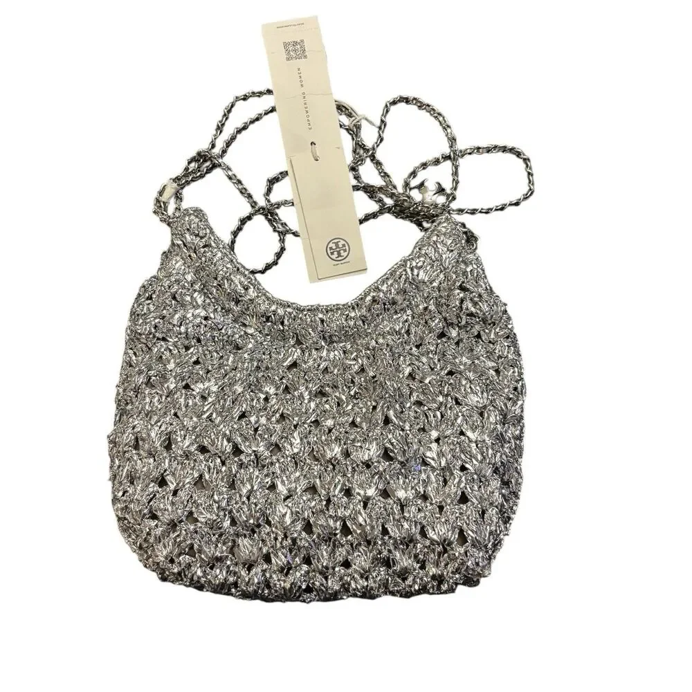 Tory Burch Fleming Metallic Woven Mini Hobo Bag Chain Crossbody SILVER New w/tag